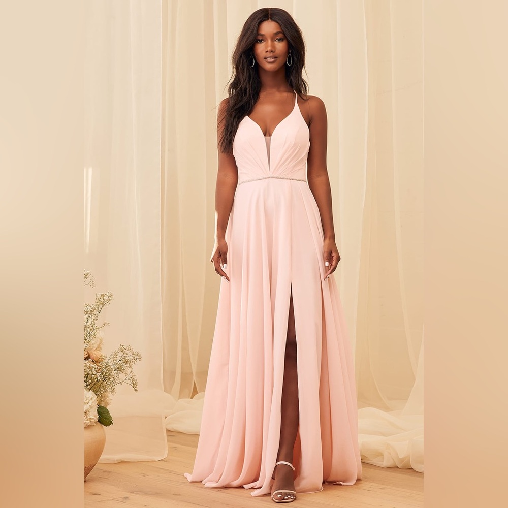 She's Gorgeous Lulus Blush Lace-Up Rhinestone Maxi Dress Size 6